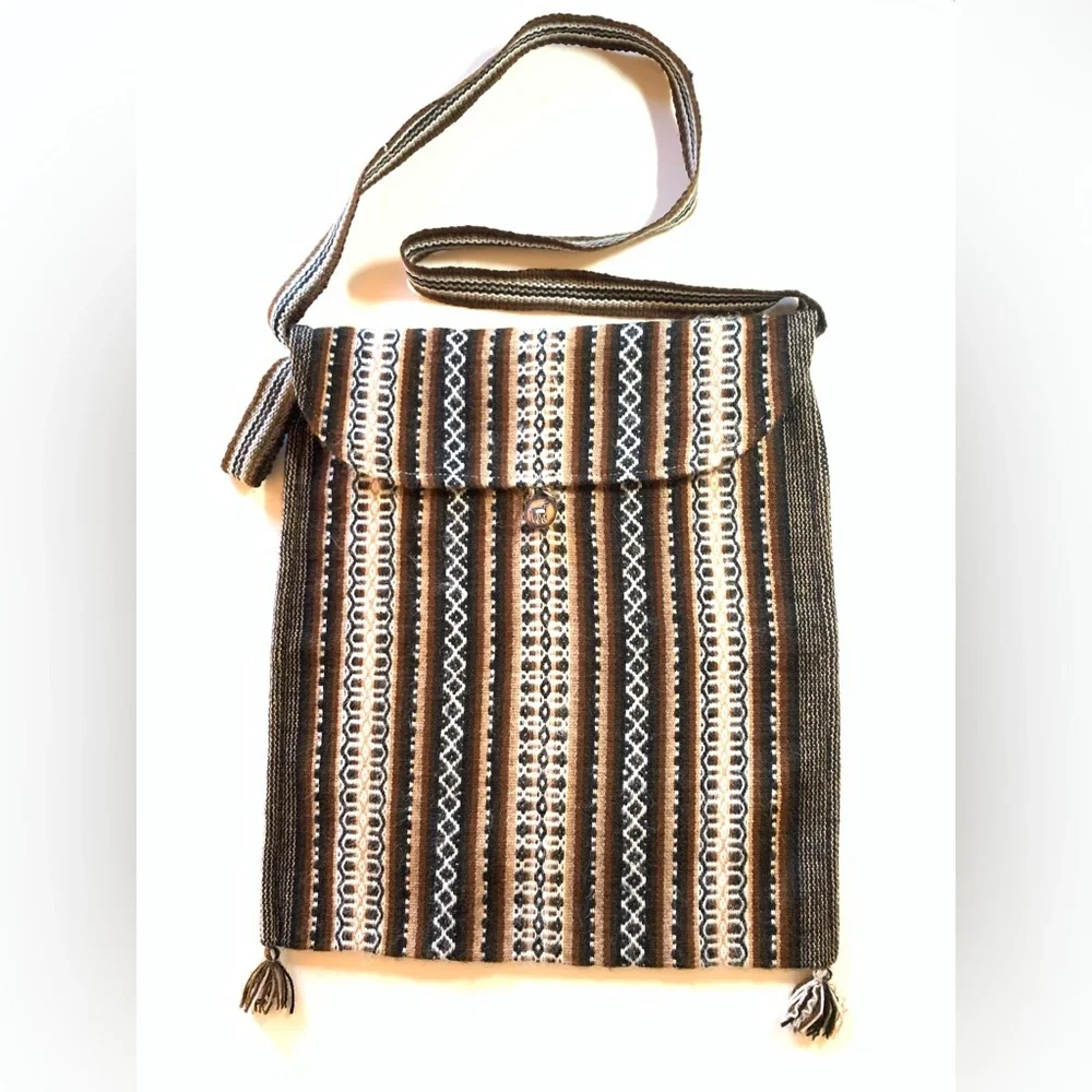 BoHo Festival Shoulder Bag Soft Knit. Brown/Tan. Button & Loop Closure. Tassels